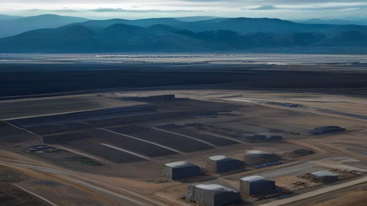 Containerised mining buildings on an industrial site seen from above under overcast daylight